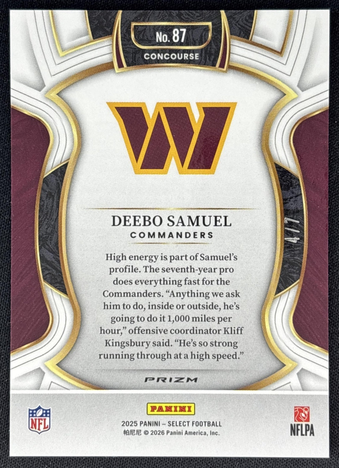 Deebo Samuel 2025 Panini Select Concourse Neon Orange Pulsar Prizm /7 Commanders back