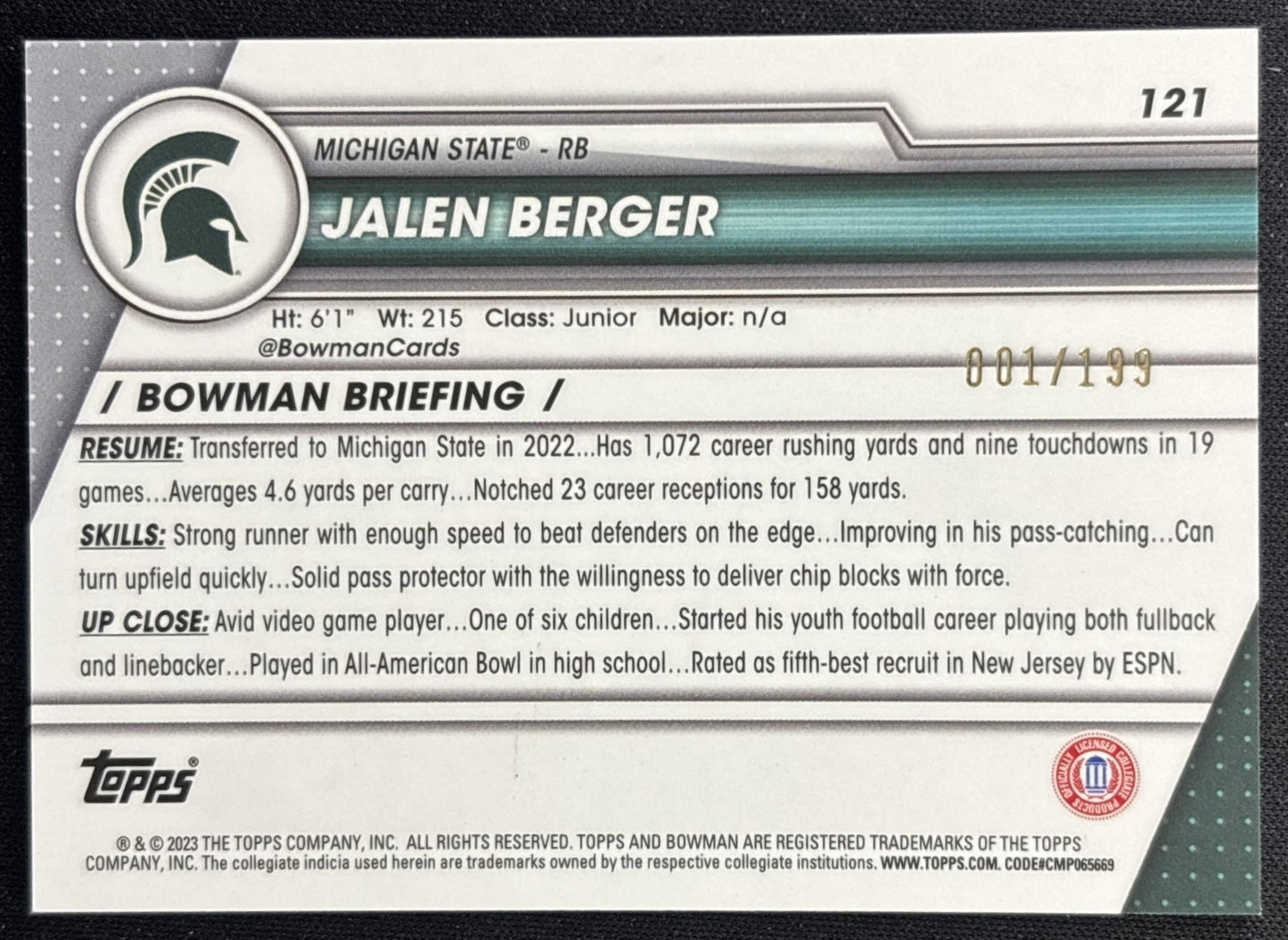 Jalen Berger 2023 Bowman University Chrome Blue Refractor /199 Spartans back