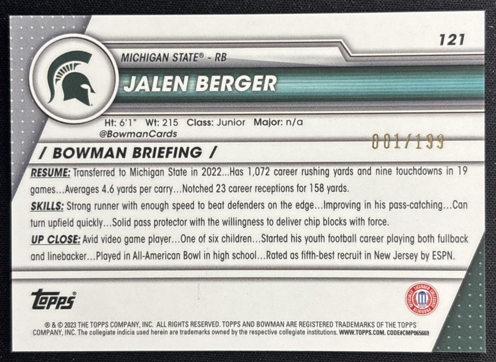 Jalen Berger 2023 Bowman University Chrome Blue Refractor /199 Spartans back