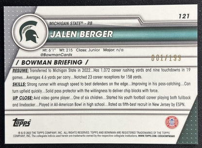 Jalen Berger 2023 Bowman University Chrome Blue Refractor /199 Spartans back