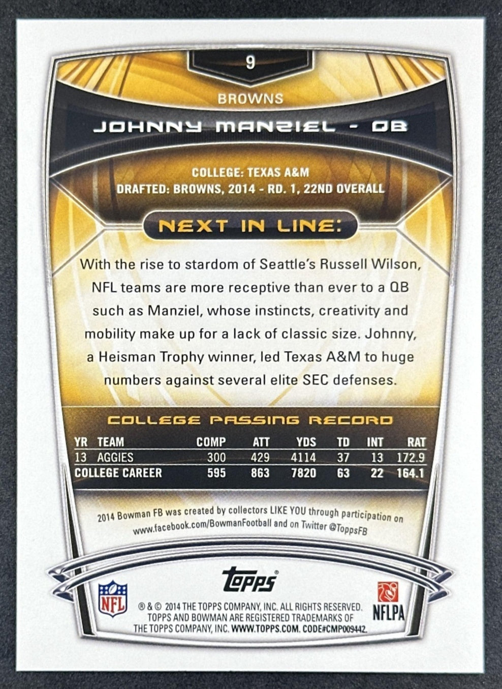 Johnny Manziel 2014 Bowman Rookies Purple Browns back