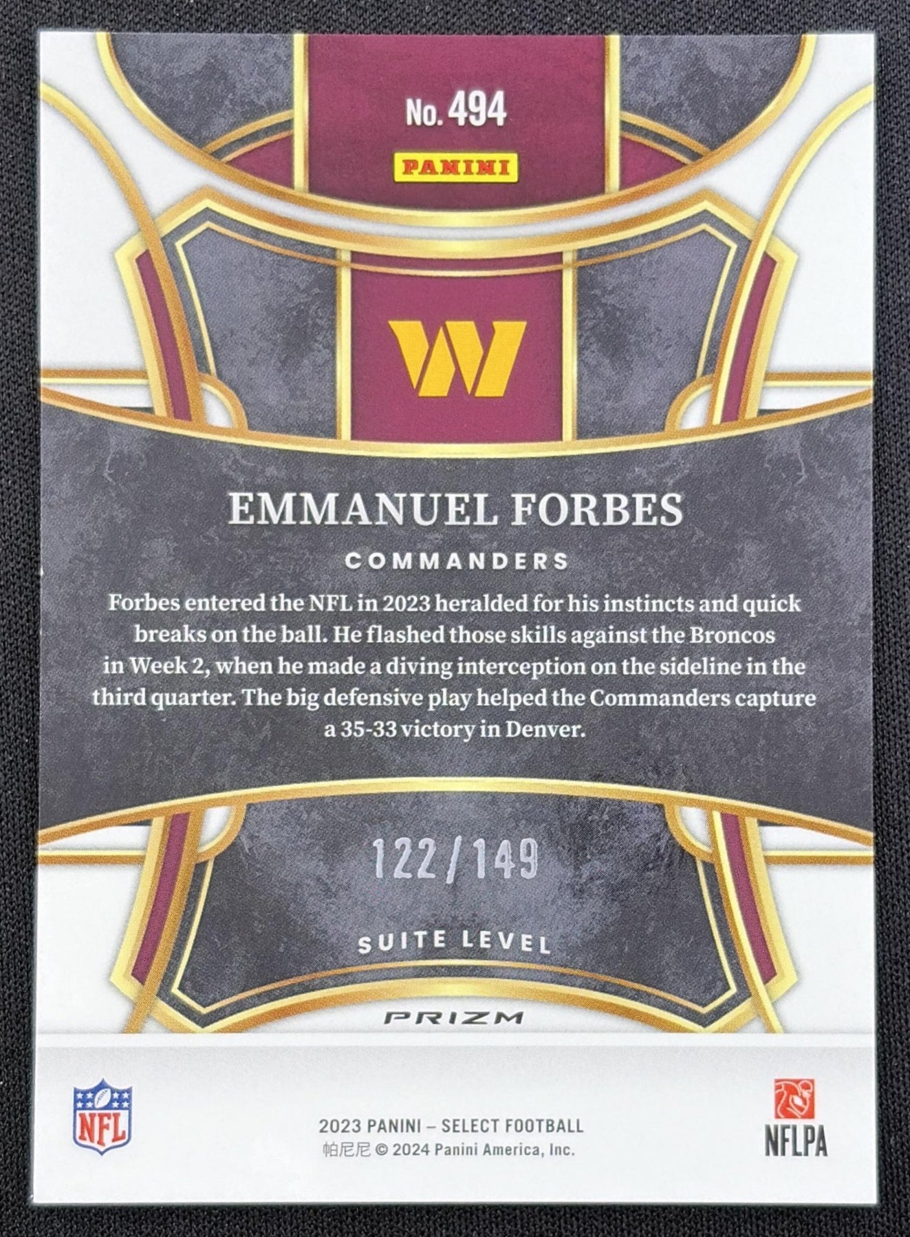 Emmanuel Forbes 2023 Panini Select Tri Color Prizms /149 Commanders