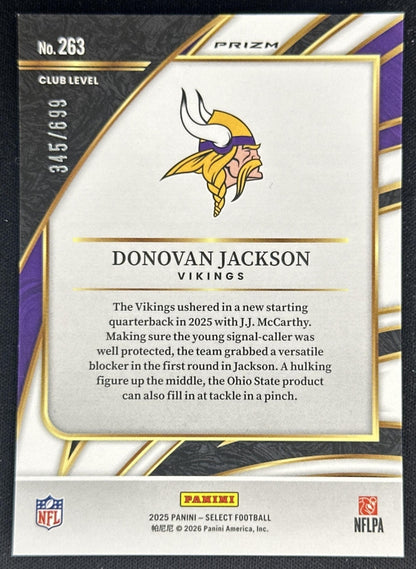 Donovan Jackson Select Club Level /699 Purple Shock Rookie Vikings Sports Trading Cards