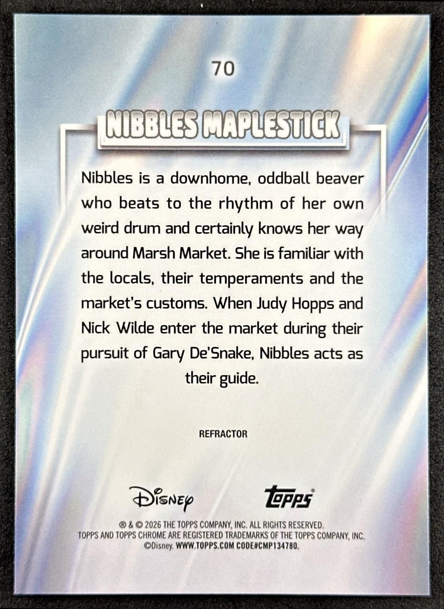 Nibbles Maplestick 2026 Topps Chrome Disney Refractor Zootopia 2 Back