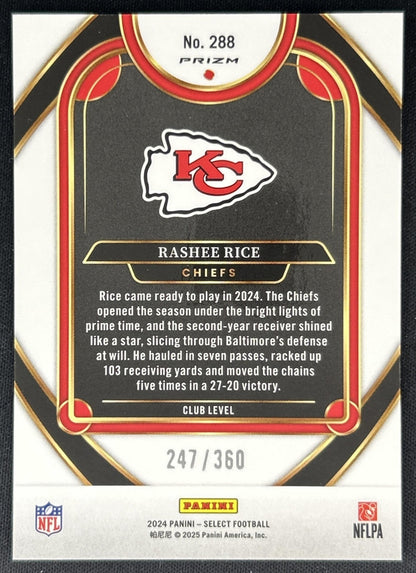 Rashee Rice 2024 Panini Select Club Purple Prizm Shock /360 Chiefs back