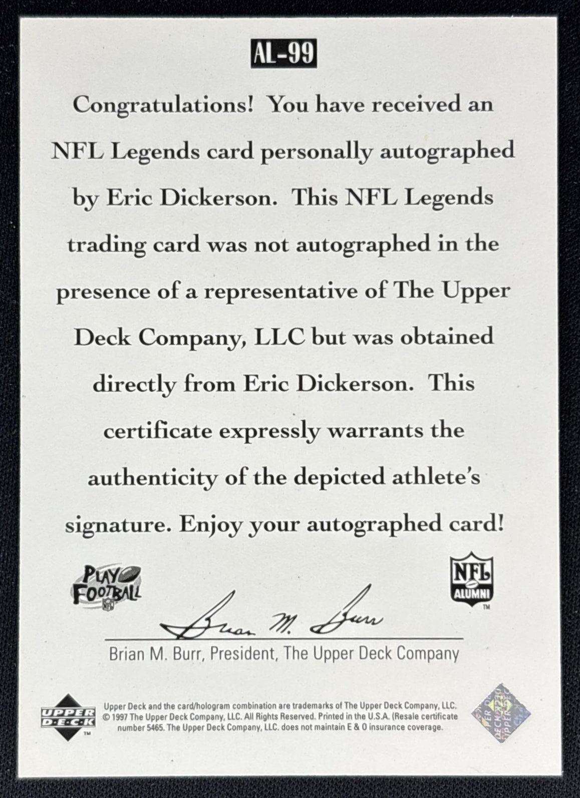 Eric Dickerson 1997 Upper Deck Legends Auto Rams back
