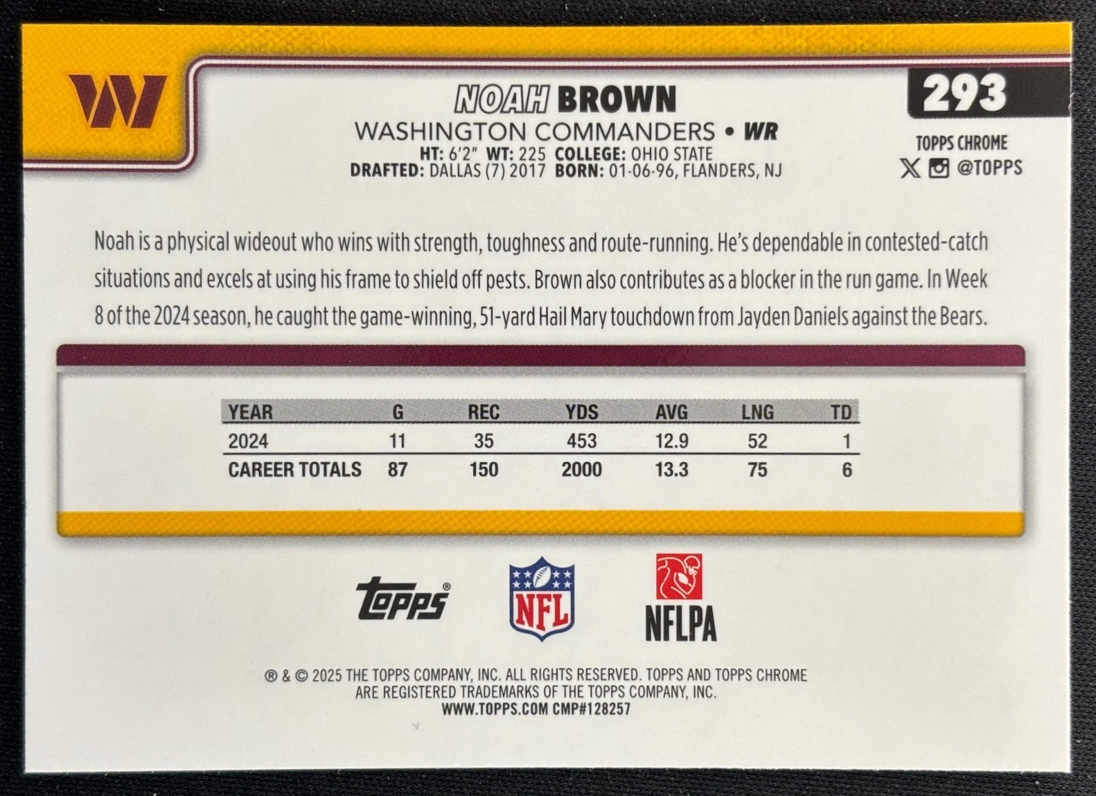 Noah Brown 2025 Topps Chrome Neon Pulse Refractor Commanders Sports Trading Cards