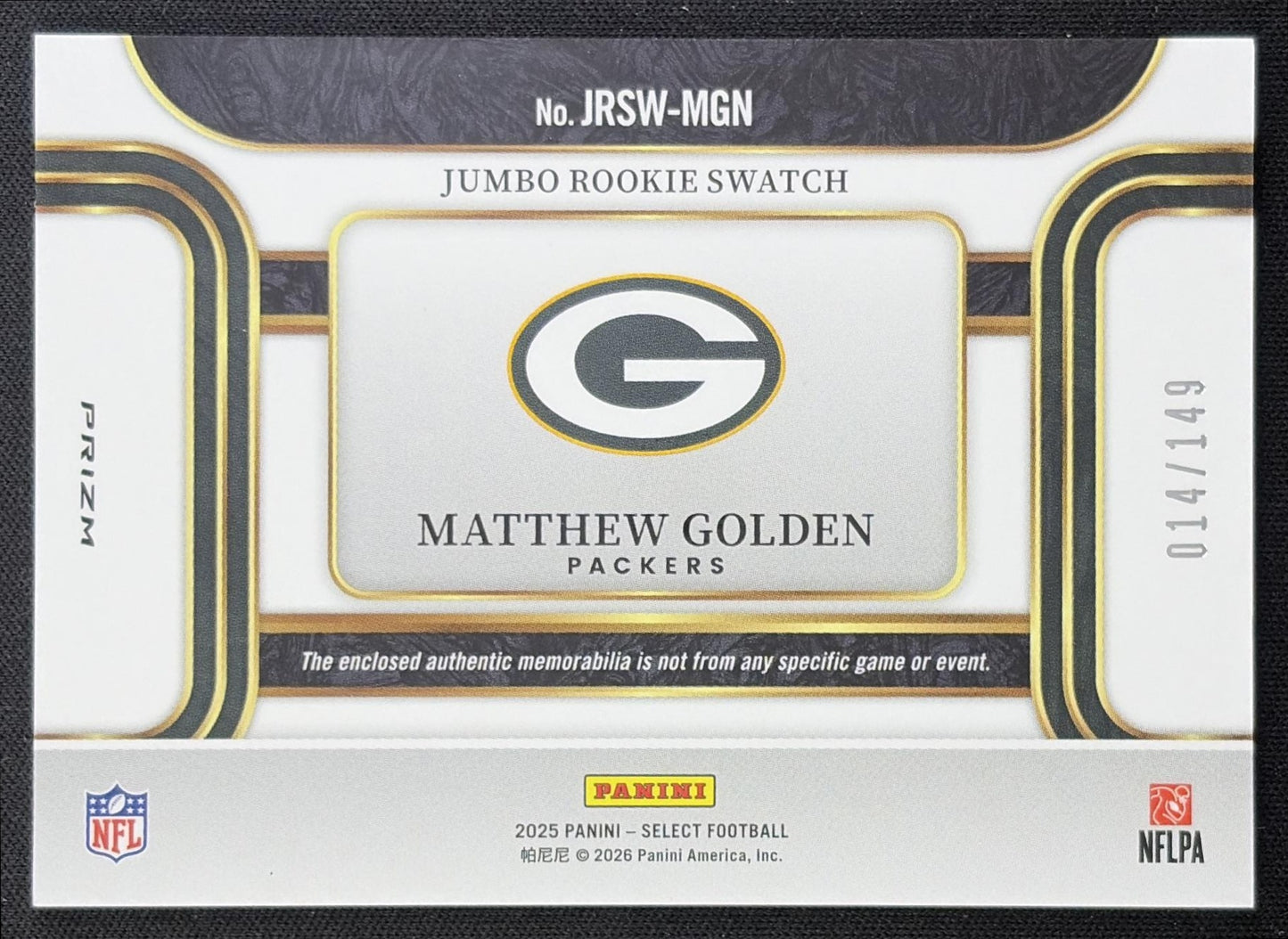 Matthew Golden 2025 Panini Select Jumbo Rookie Swatch /149 Packers