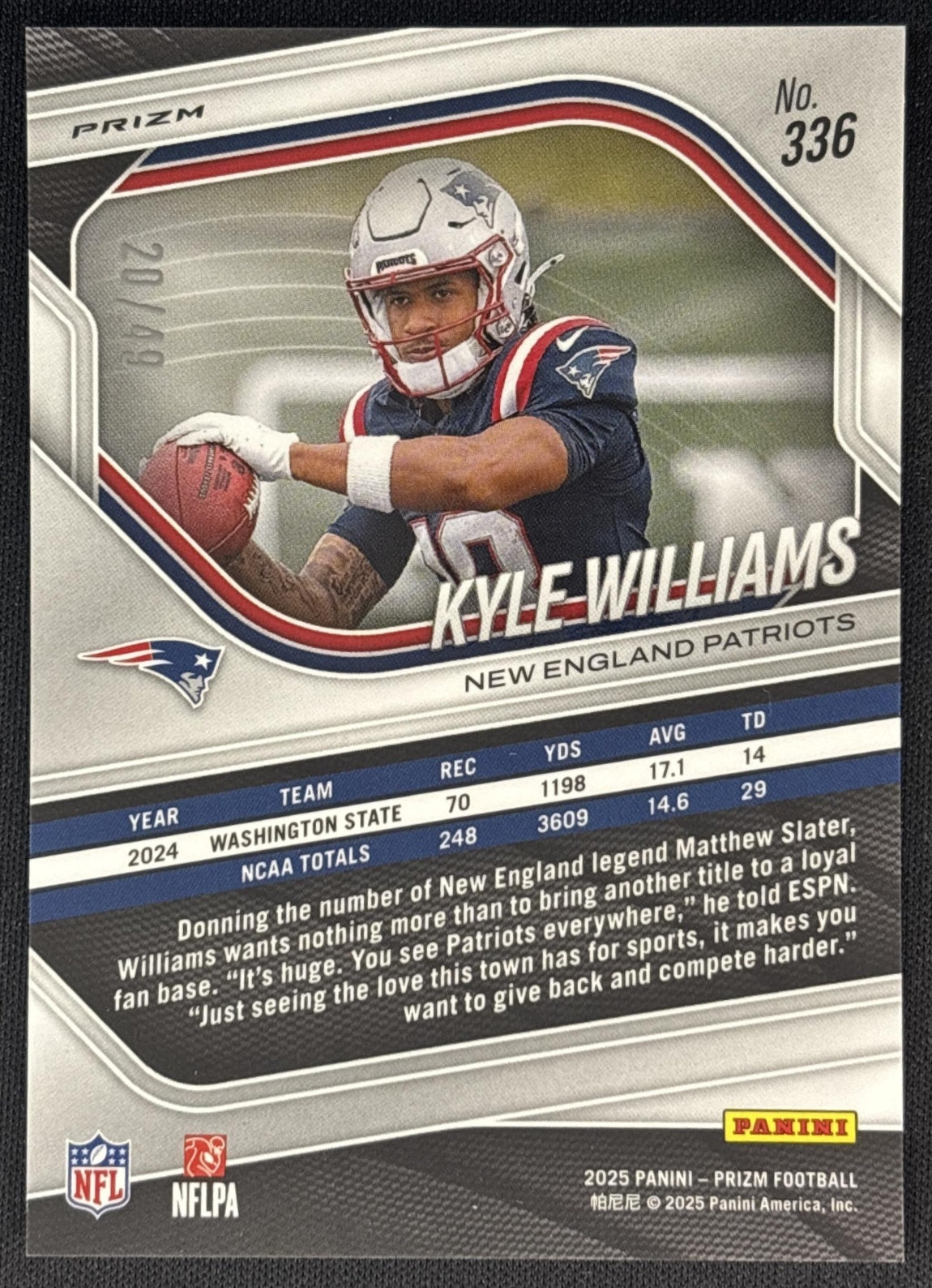 Kyle Williams 2025 Panini Prizm Purple Power /49 Patriots Sports Trading Cards