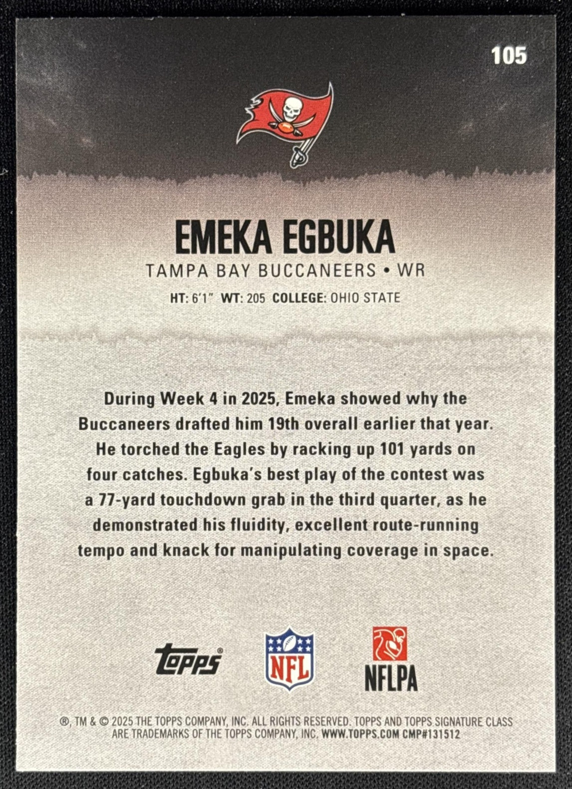 Emeka Egbuka 2025 Topps Signature Class Rookie Blue & Yellow Foil Buccaneers back