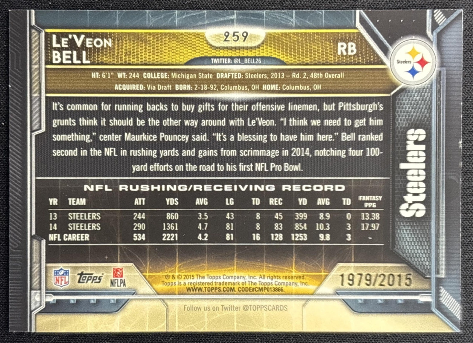 Le Veon Bell 2015 Topps Gold /2015 Steelers back