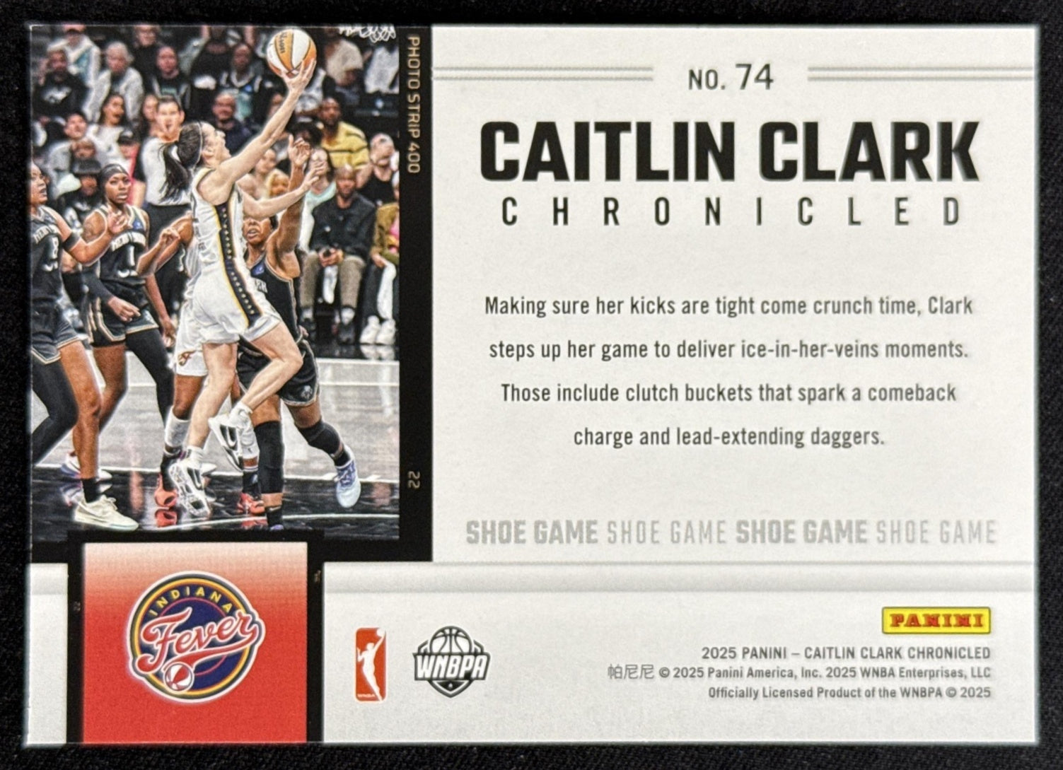 Caitlin Clark 2025 Panini Chronicled Shoe Game Fever 74 Sports Trading Card
