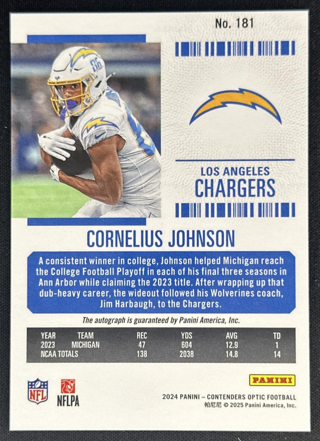 Cornelius Johnson 2024 Panini Contenders Optic Rookie Ticket Auto Chargers Sports Trading Cards