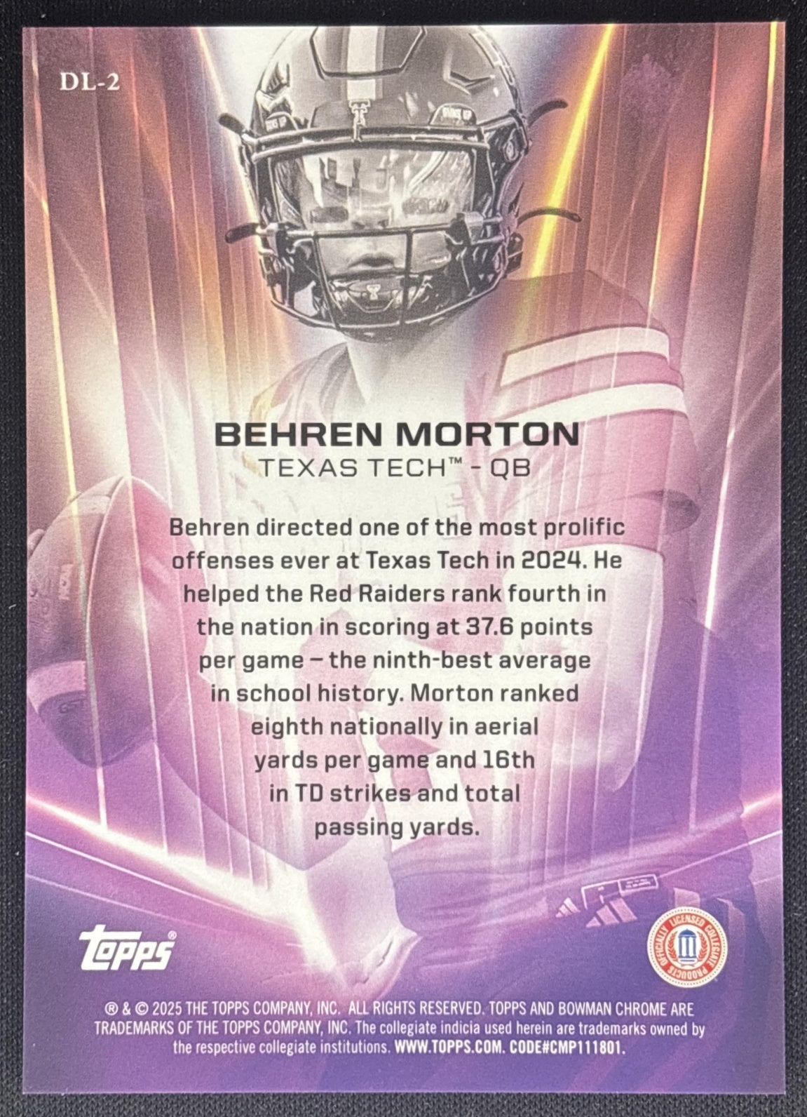 Behren Morton 2025 Bowman Chrome University Dean's List Red Raiders back