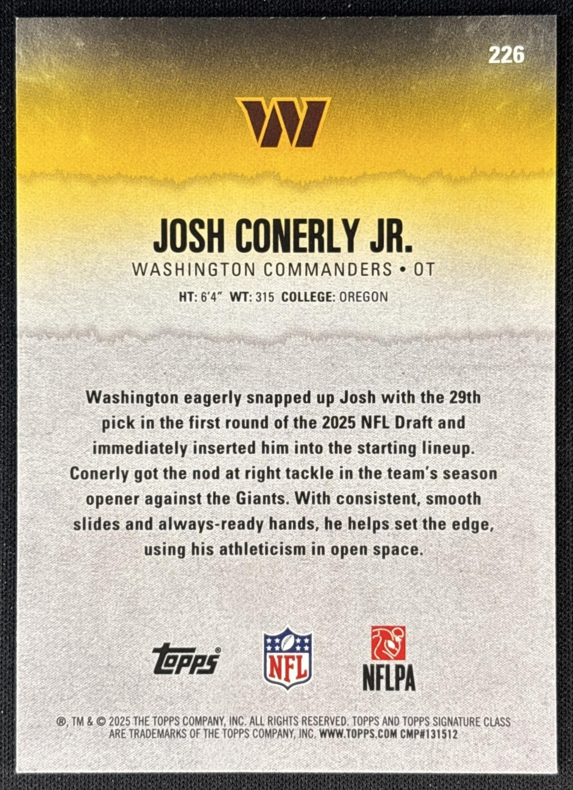 Josh Conerly Jr. 2025 Topps Signature Class Rookie Blue & Yellow Foil Commanders back
