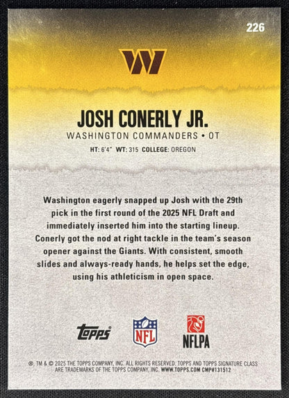 Josh Conerly Jr. 2025 Topps Signature Class Rookie Blue & Yellow Foil Commanders back