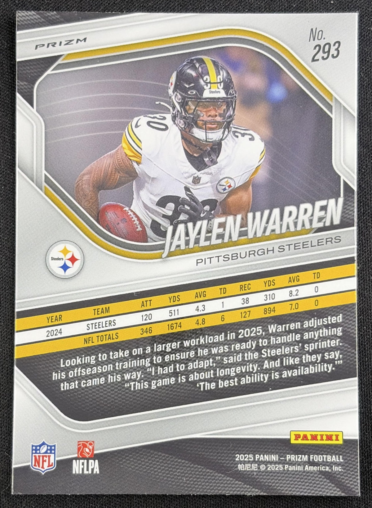 Jaylen Warren 2025 Panini Prizm Silver Steelers Sports Trading Card