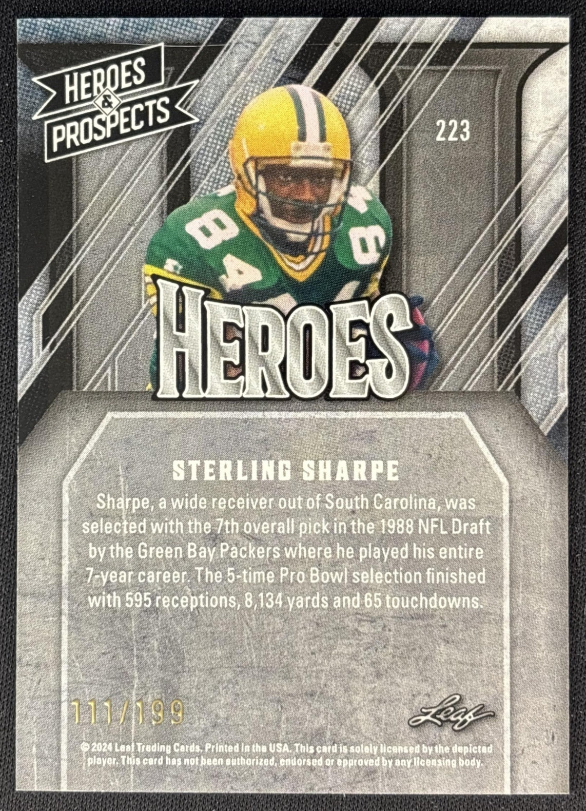 Sterling Sharpe 2024 Leaf Heroes & Prospects Heros Silver /199 Packers back