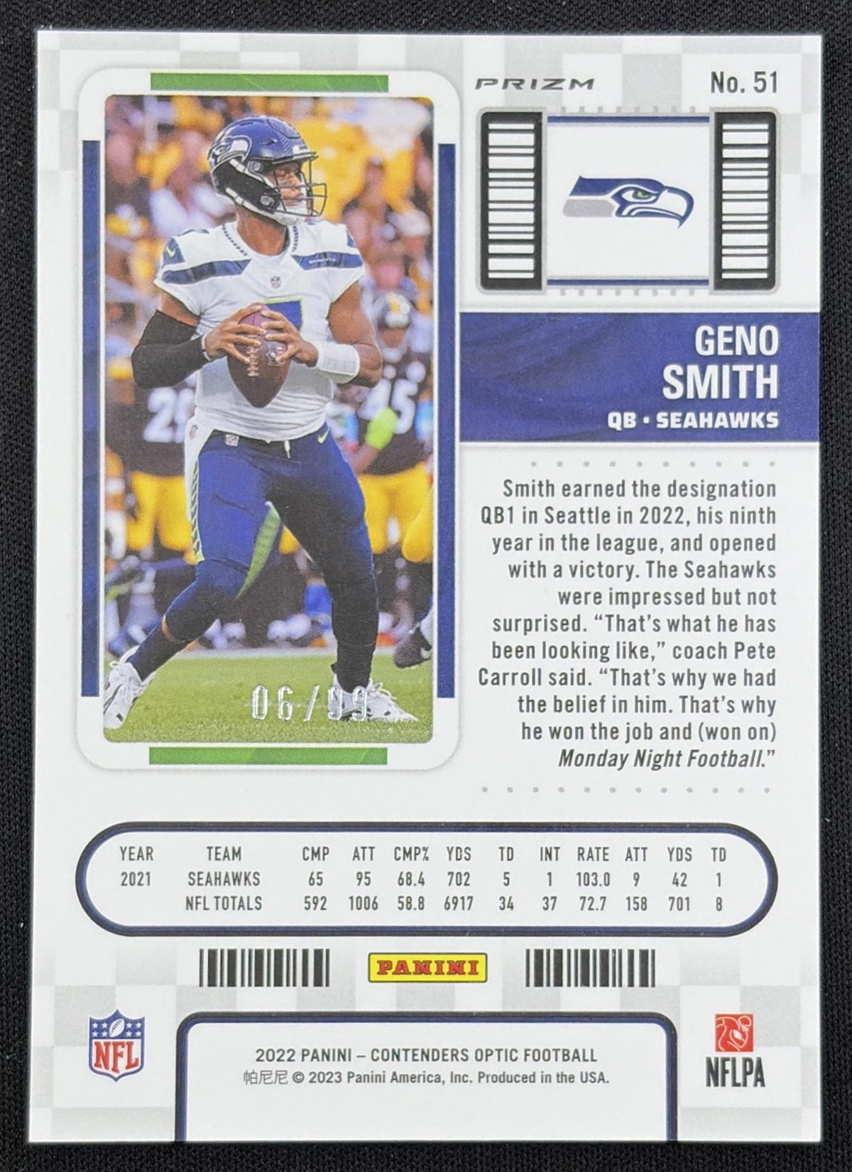Geno Smith 2022 Panini Contenders Optic Blue /99 Seahawks back