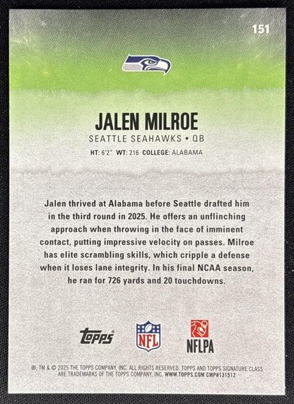 Jalen Milroe 2025 Topps Signature Class Rookie Seahawks back