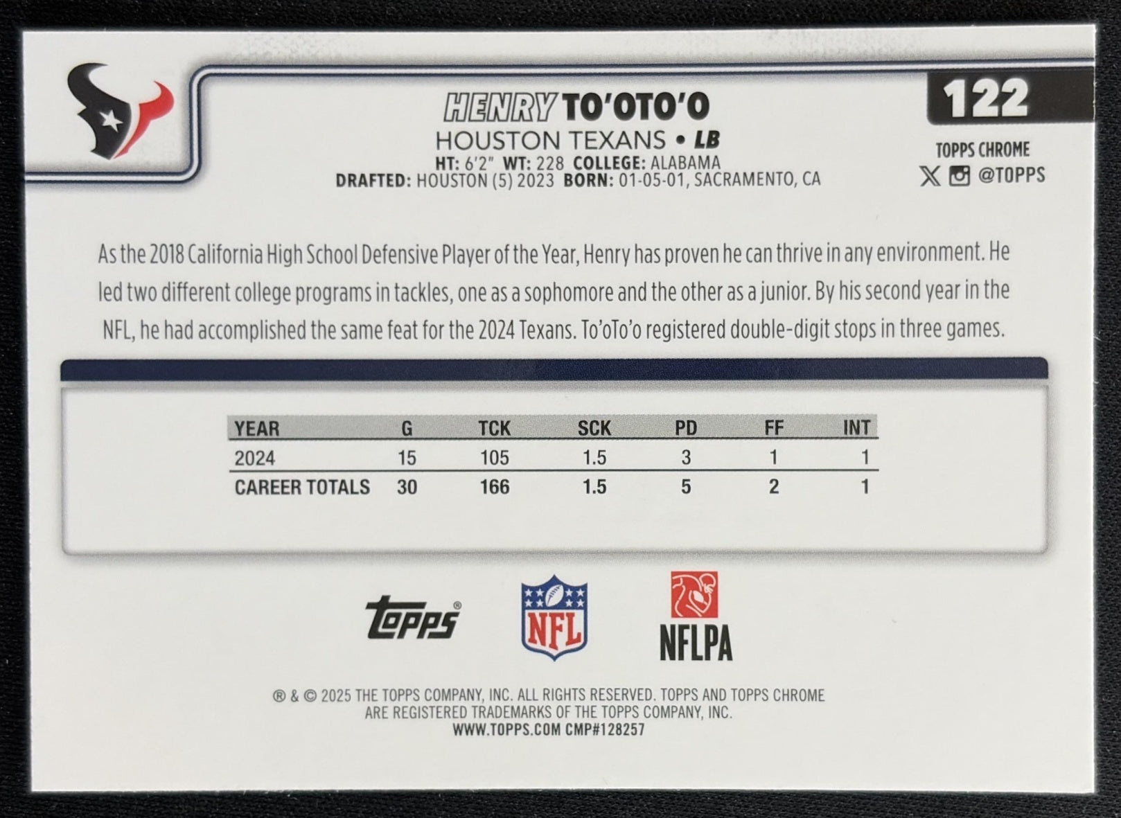 Henry To'oTo'o 2025 Topps Chrome Neon Pulse Refractor Texans Sports Trading Cards