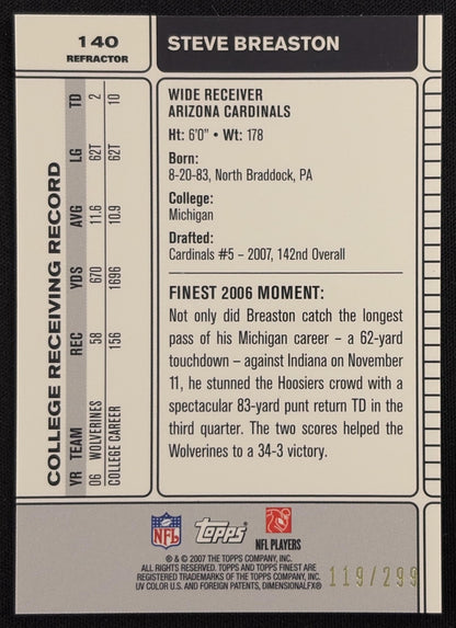 Steve Breaston 2007 Topps Finest Blue Refractor /299 Cardinals
