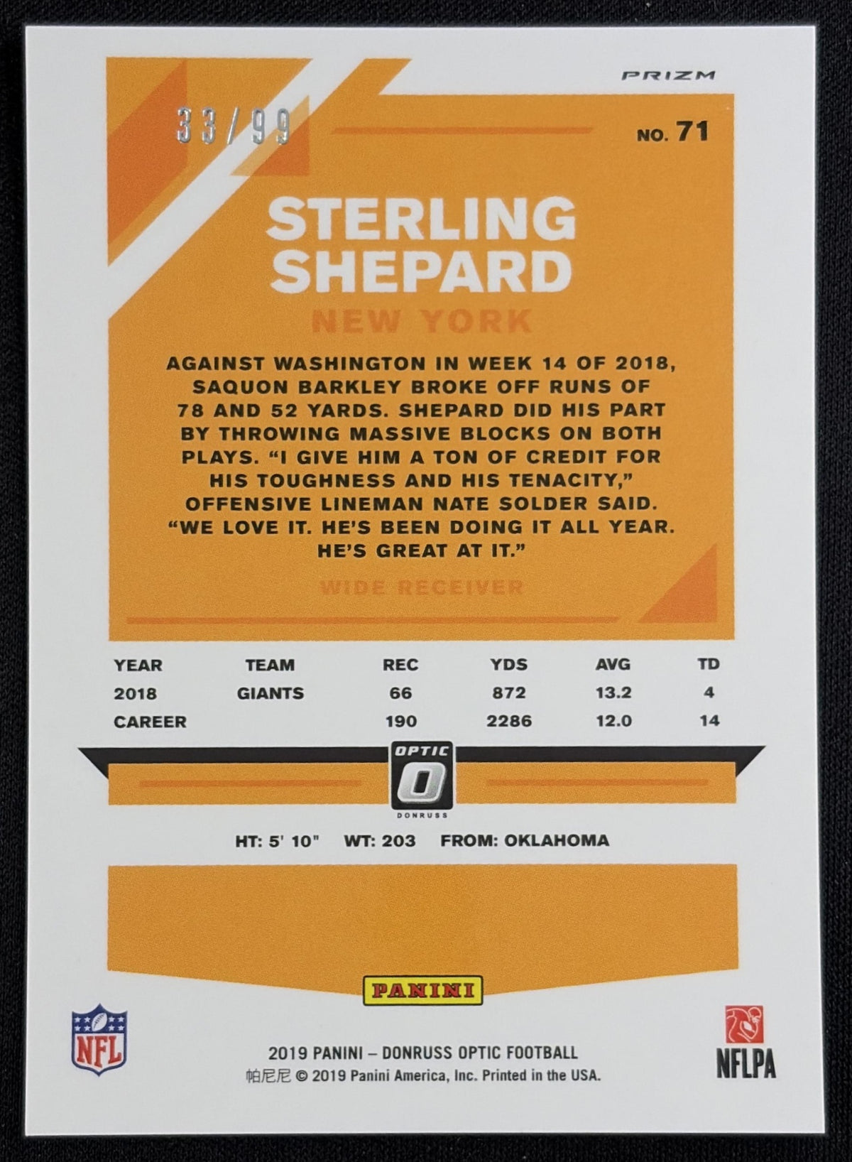 Sterling Shepard 2019 Panini Donruss Optic Red /99 Giants