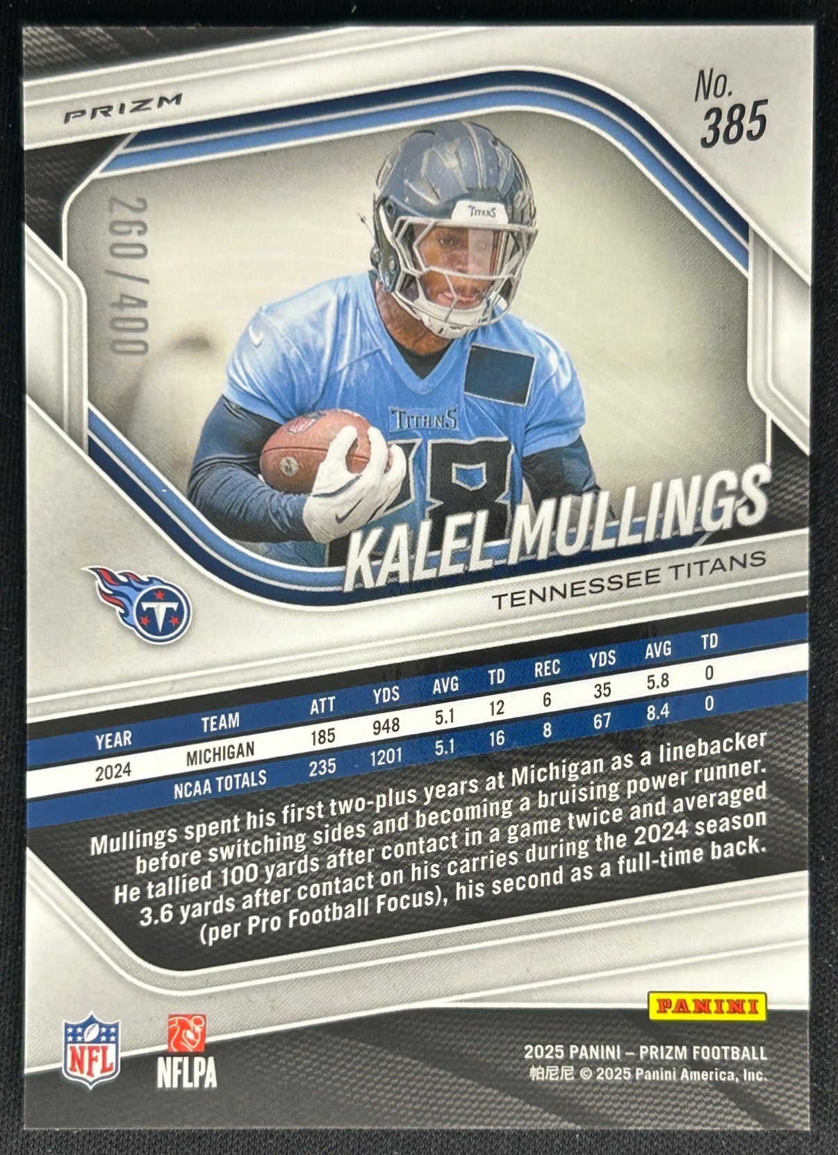 Kalel Mullings 2025 Panini Prizm Pandora /400 Titans Sports Trading Cards
