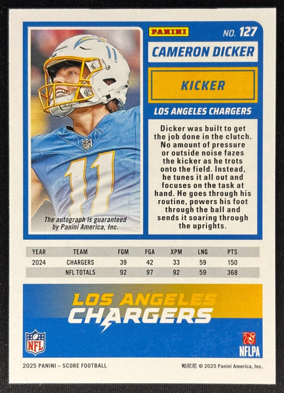 Cameron Dicker 2025 Score Signatures Gold Zone /50 Chargers