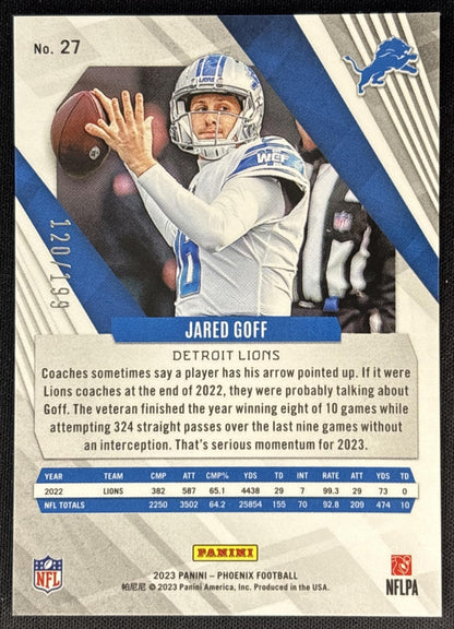 Jared Goff 2023 Panini Phoenix Red Seismic /199 Lions