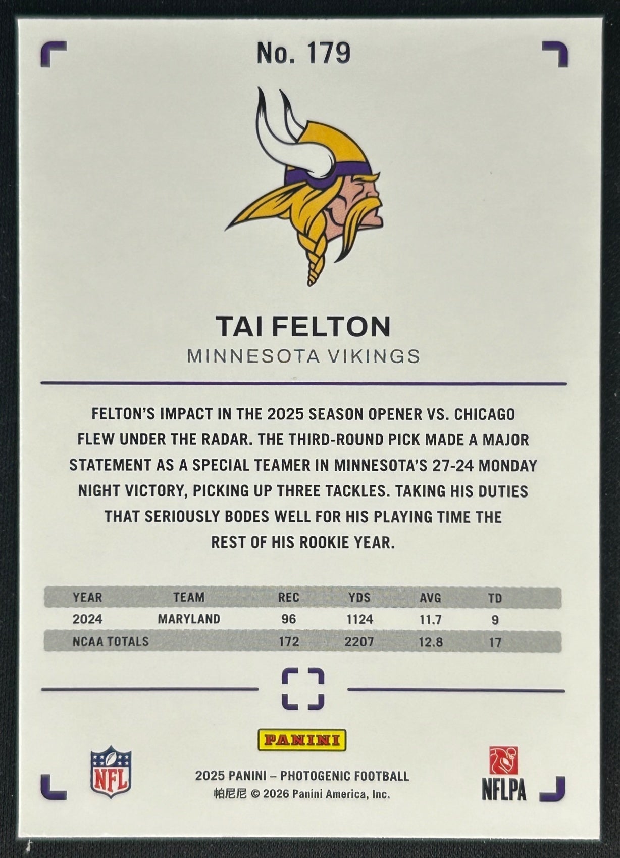 Tai Felton 2025 PhotoGenic Rookies Horizontal Vikings Sports Trading Cards