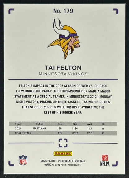 Tai Felton 2025 PhotoGenic Rookies Horizontal Vikings Sports Trading Cards