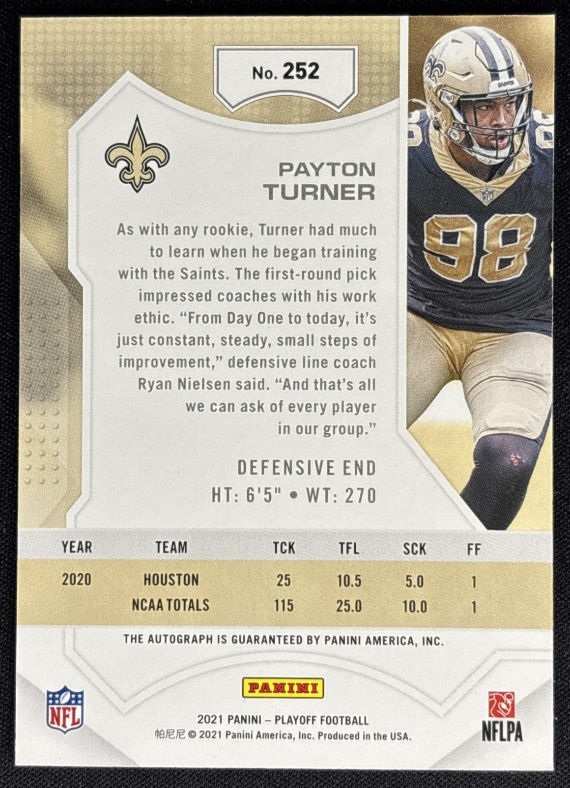 Payton Turner 2021 Panini Playoff Auto Saints