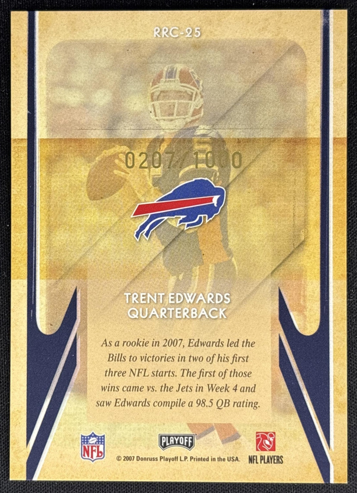 Trent Edwards 2007 Playoff Contenders Rookie Roll Call /1000 Bills back