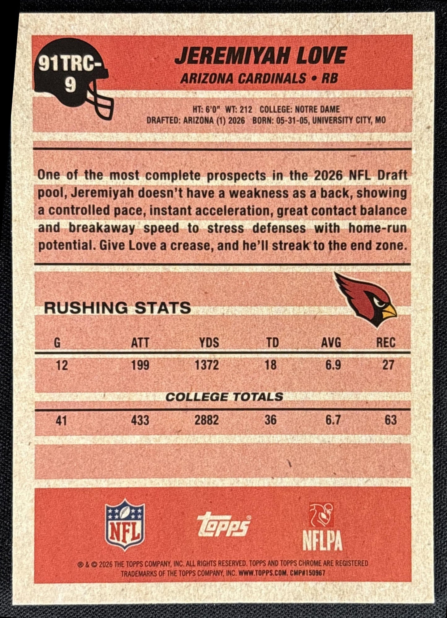 Jeremiyah Love 2026 Topps 1991 Chrome Rookie Mojo Refractor Cardinals - back