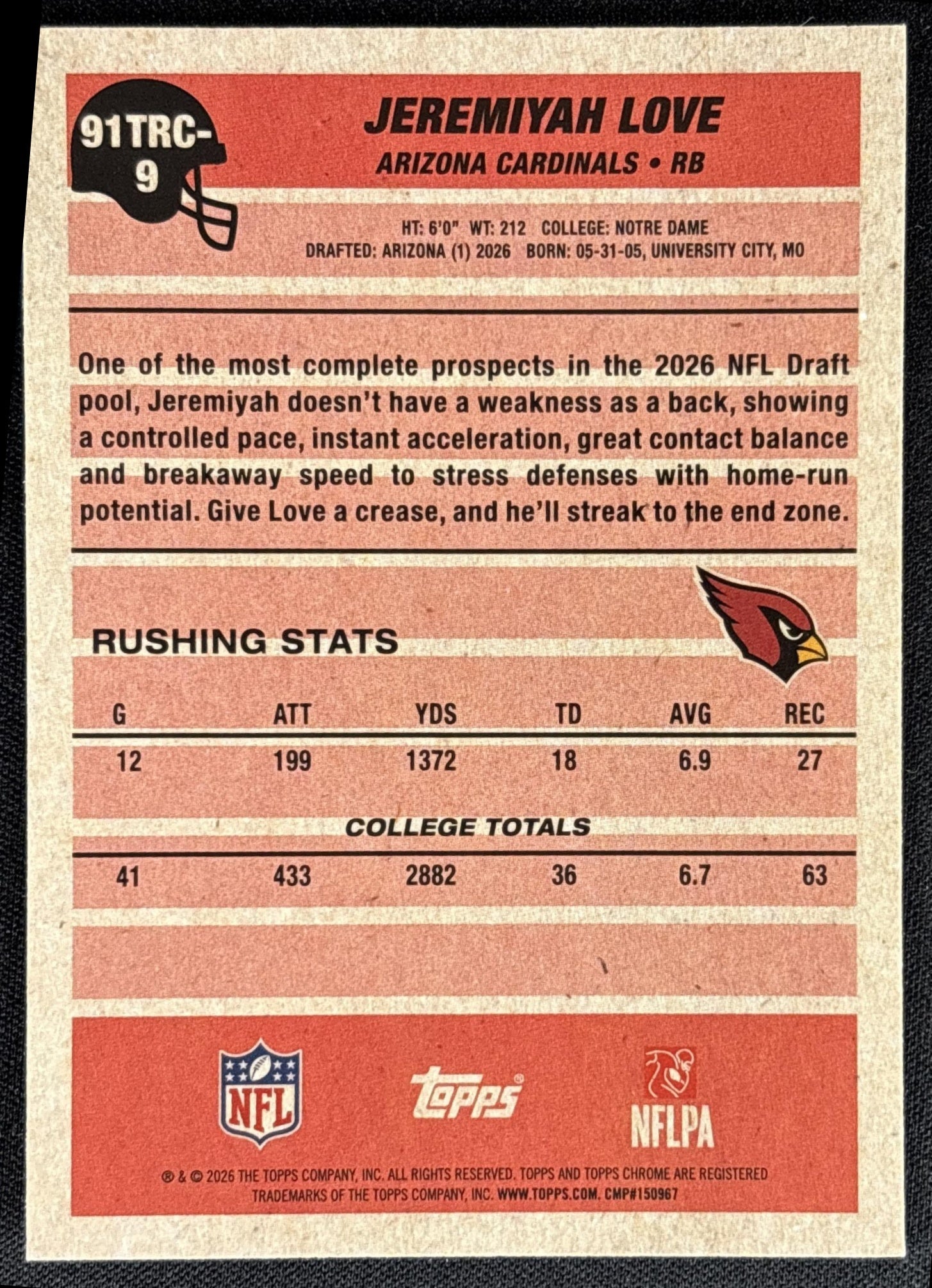 Jeremiyah Love 2026 Topps 1991 Chrome Rookie Mojo Refractor Cardinals - back
