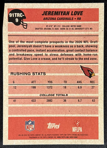 Jeremiyah Love 2026 Topps 1991 Chrome Rookie Mojo Refractor Cardinals - back