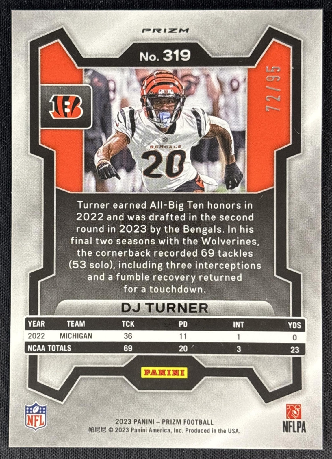 DJ Turner 2023 Panini Prizm No Huddle Blue /95 Bengals back