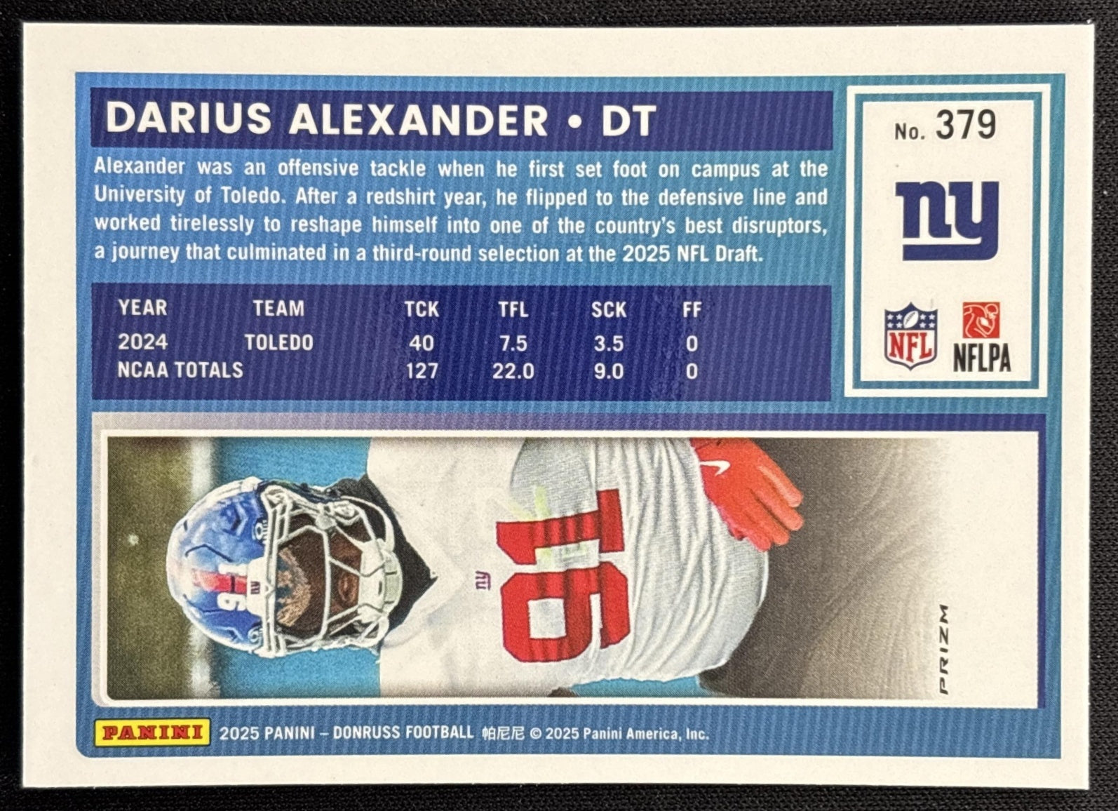 Darius Alexander 2025 Panini Donruss Optic Rated Rookie Preview Pink Giants back