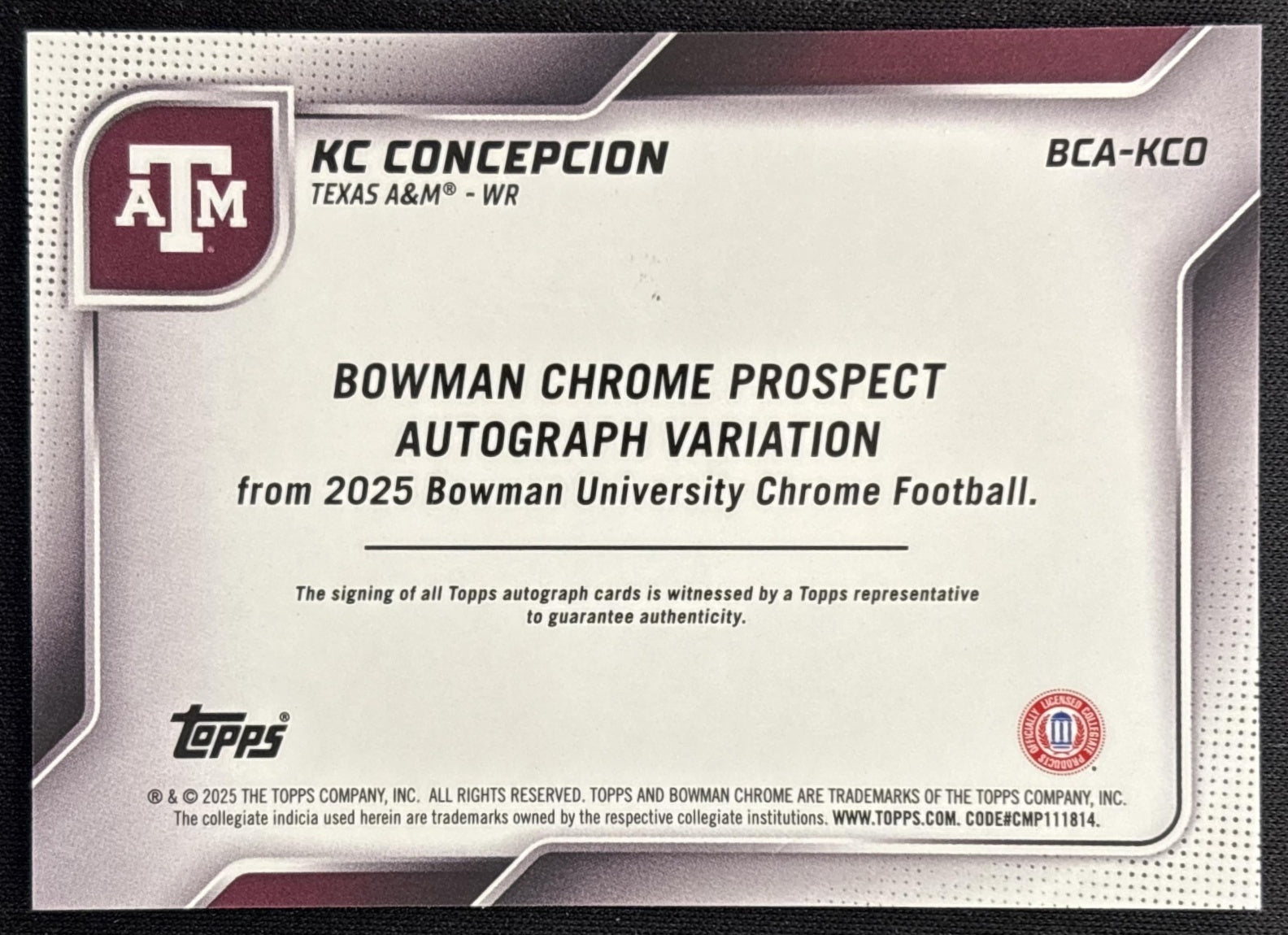 KC Concepcion 2025 Chrome University Prospect Auto Orange Refractor /25 Aggies Sports Trading Card
