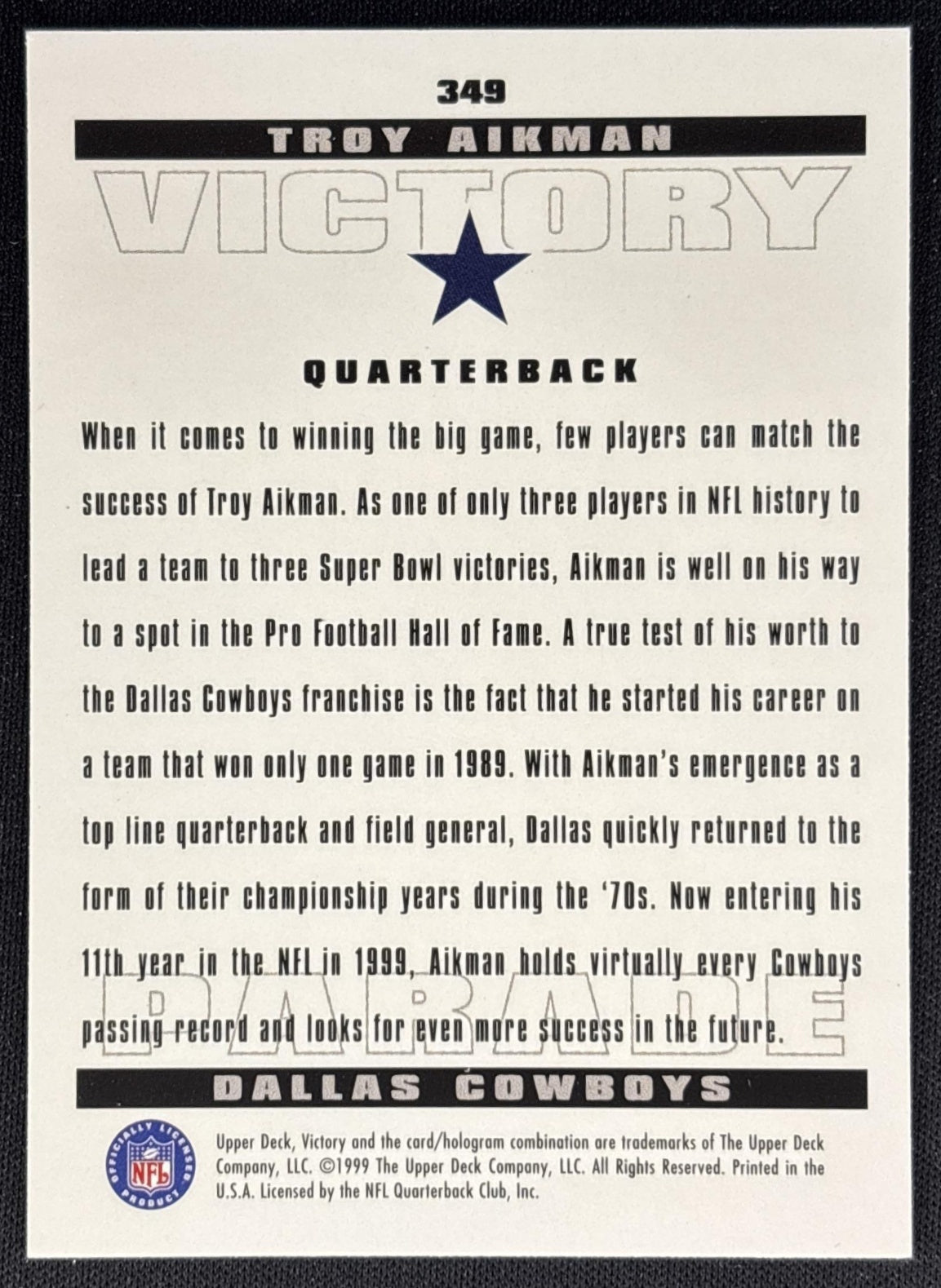 Troy Aikman 1999 Upper Deck Victory Cowboys Sports Trading Cards