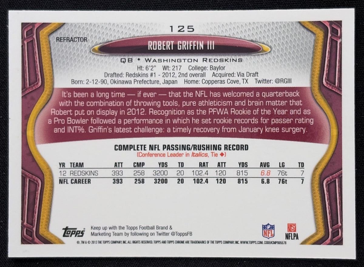 Robert Griffin III 2013 Topps Chrome Blue Wave Refractor Redskins