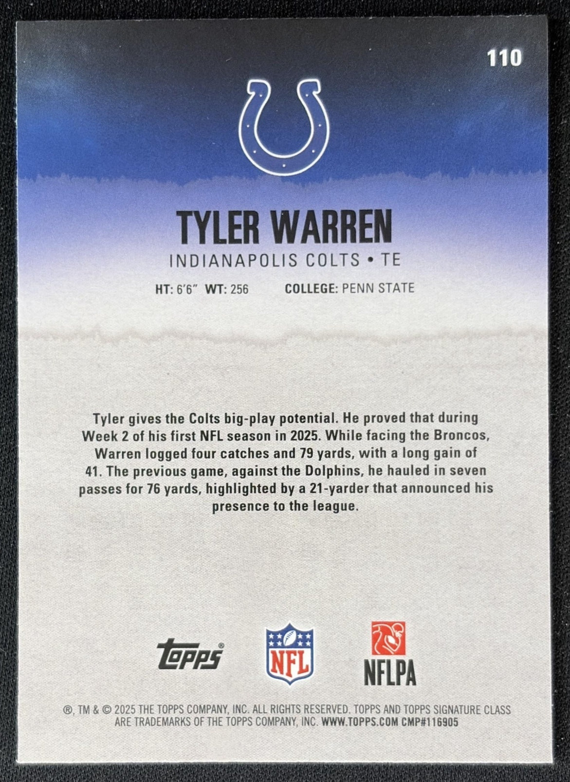 Tyler Warren 2025 Signature Class Chrome Rookie Silver Refractor /275 Colts back