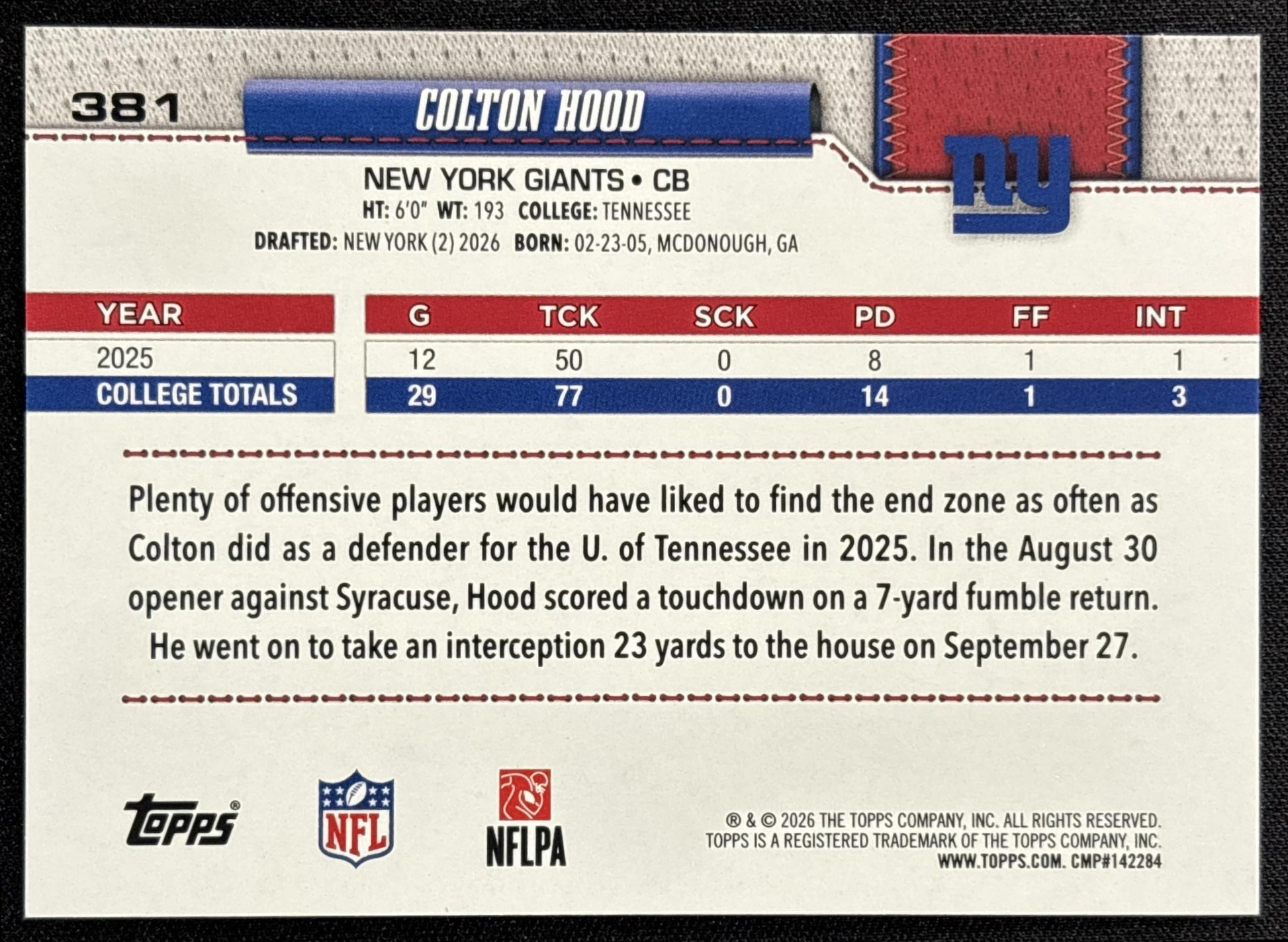 Colton Hood 2026 Topps Football Leather Foil Giants