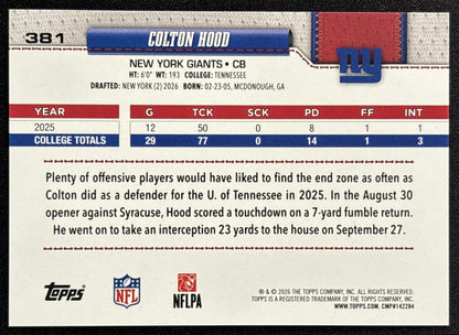 Colton Hood 2026 Topps Football Leather Foil Giants