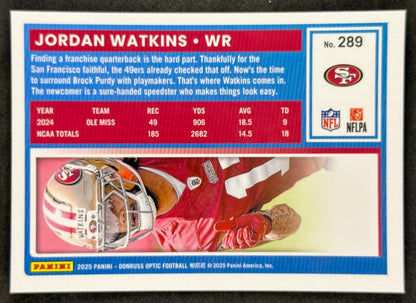 Jordan Watkins 2025 Donruss Optic Rated Rookie 49ers Sports Trading Card
