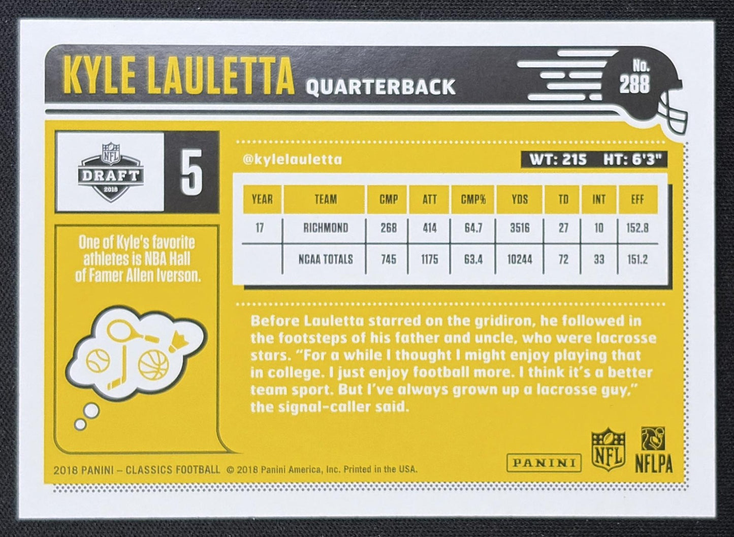 Kyle Lauletta 2018 Panini Classics Timeless Tributes Gold /99 back