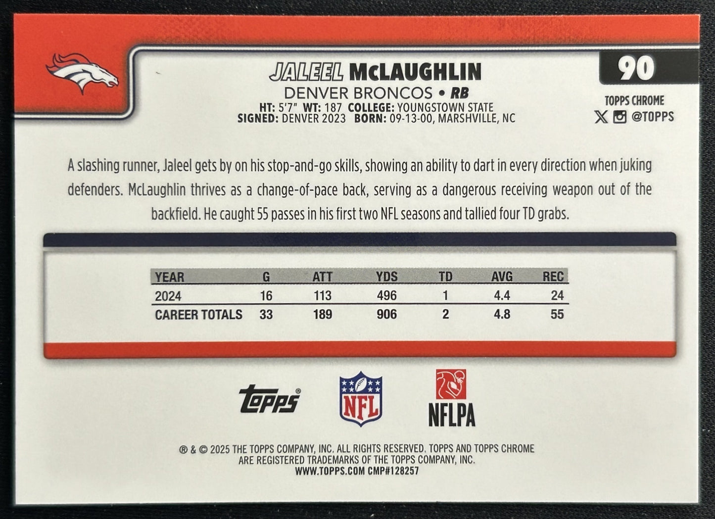 Jaleel McLaughlin 2025 Topps Chrome Broncos