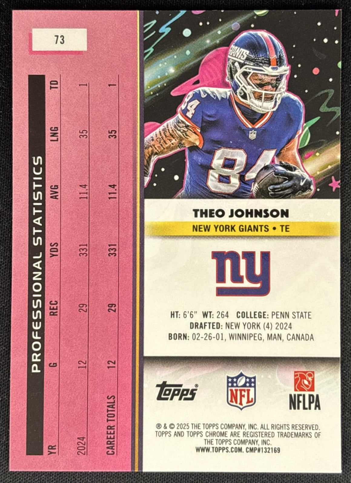 Theo Johnson 2025 Topps Cosmic Chrome Giants back