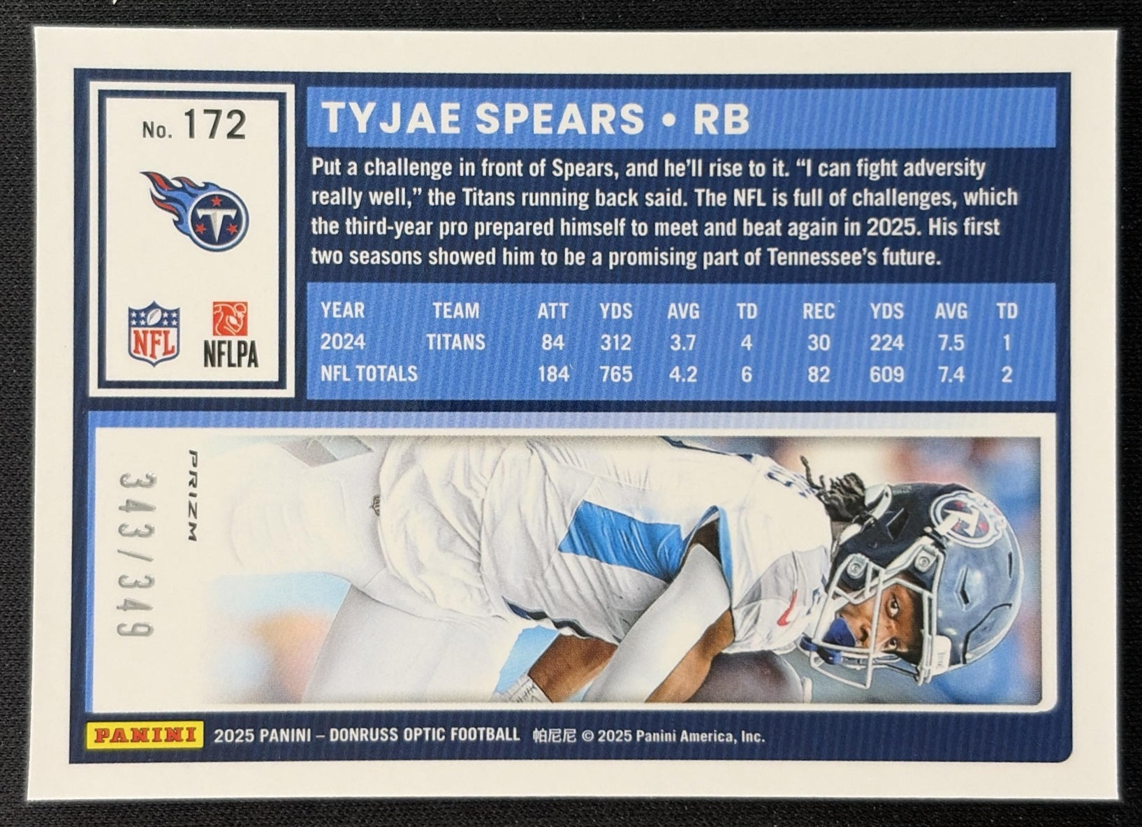 Tyjae Spears 2025 Panini Donruss Optic Aqua Prizm /349 Titans Sports Trading Cards